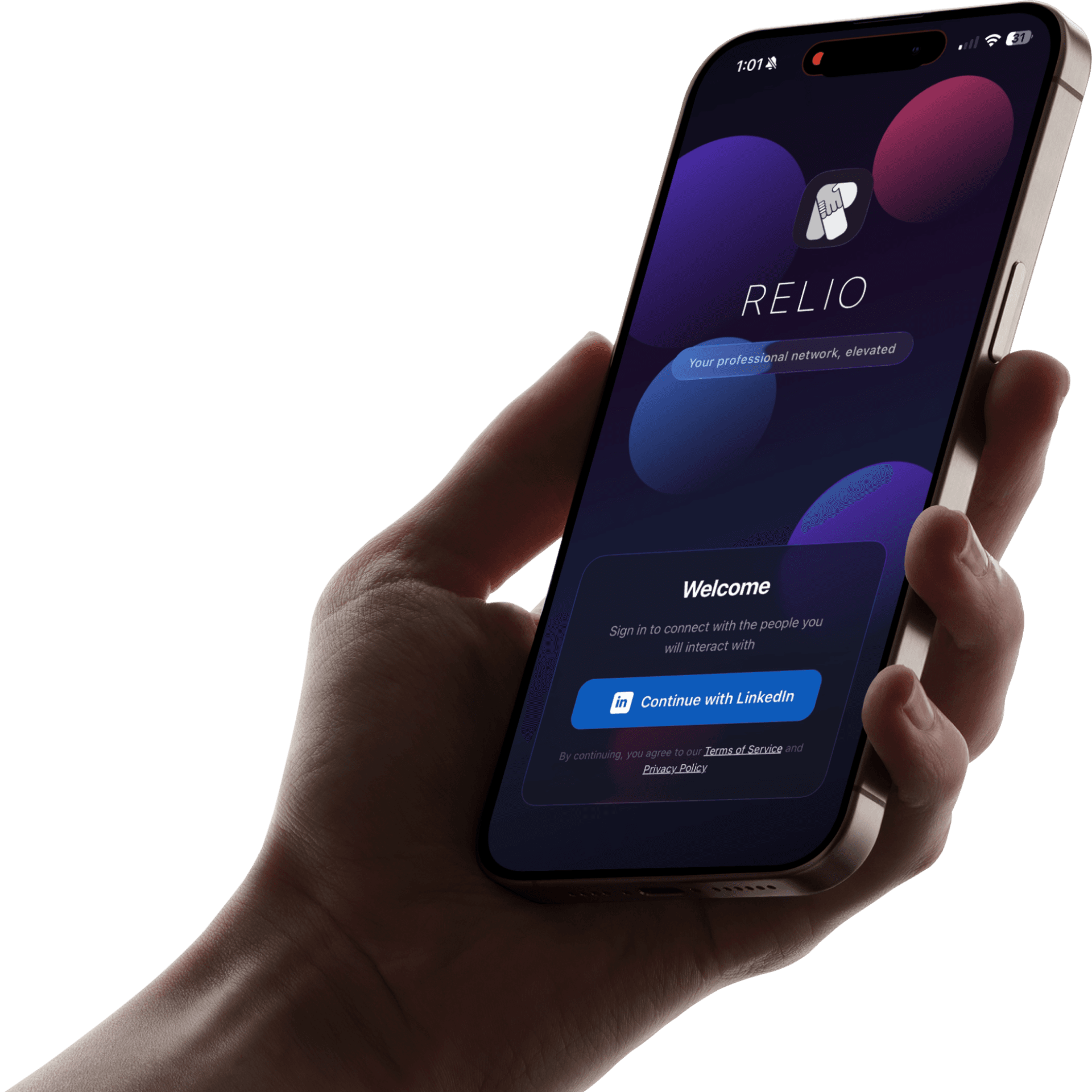 Relio app on iPhone showing the welcome screen with LinkedIn sign-in